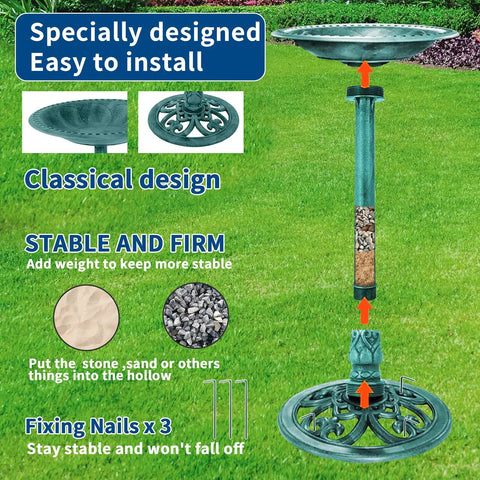28 Inch Tall Outdoor Bird Bath With Solar Water Fountain Plastic Retro Green Bird Bath installation diagram