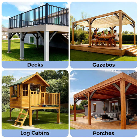 Examples of structures supported by Heavy Duty Arc 45 Degree Pergola Bracket Kit For 4x4 Posts: decks, gazebos, log cabins, porches.