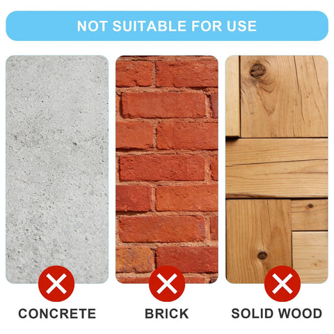 Image showing surfaces not suitable for Hollow Wall Anchors And Screws Kit with 50 Butterfly Expansion Plugs: concrete, brick, solid wood.