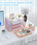 4 Tier Desk Organizer Set With File Holder, Drawer, And Two Pen Holders In Rose Gold on white desk with office supplies
