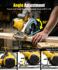 Real Deal Cordless Circular Saw Featuring A Beefy Eight Thousand RPM Motor and No Frills Bare Tool Build adjusting angle on wood with cutting action.