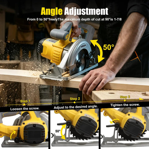 Real Deal Cordless Circular Saw Featuring A Beefy Eight Thousand RPM Motor and No Frills Bare Tool Build adjusting angle on wood with cutting action.