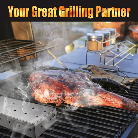 Heavy Duty Wood Chip Smoking Box For Gas Grills And All Grills, Thick Stainless Steel Construction next to smoking meat