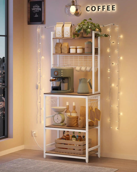 Multifunctional Bakers Rack With Built In Power Strip Microwave Stand And Coffee Station Setup, white frame, coffee equipment, compact design.