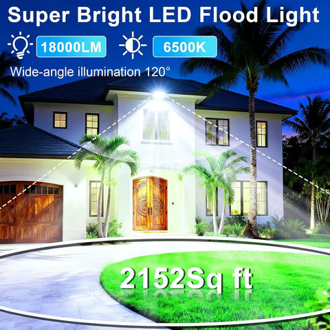 Two Pack 200W LED Flood Lights Outdoor Hella Bright 18000 Lumen Security Lighting illuminating garage entrance and yard.