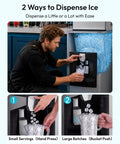 Pro-Level Commercial Icemaker Drops Heavy Cubes Quick With A Slick SECOP Motor And Zero Hassle Storage Bin, showing two dispensing methods.