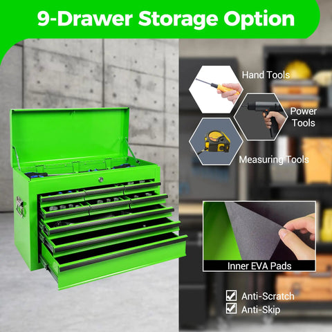 24 Inch Heavy Duty Steel Tool Box With Nine Lockable Drawers Solid Reinforced Metal Tool Chest Green open with drawers.