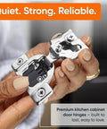 Sixty Pack Soft Close Cabinet Hinges For Half Inch Overlay Kitchen Door Hardware Heavy Duty Stainless Steel with a close-up of a hinge.