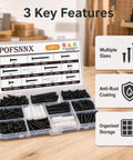 Beast Mode Wood Screw Assortment Kit With Plastic Anchors 230 Pieces size six and eight in organized storage box with diverse screw sizes.