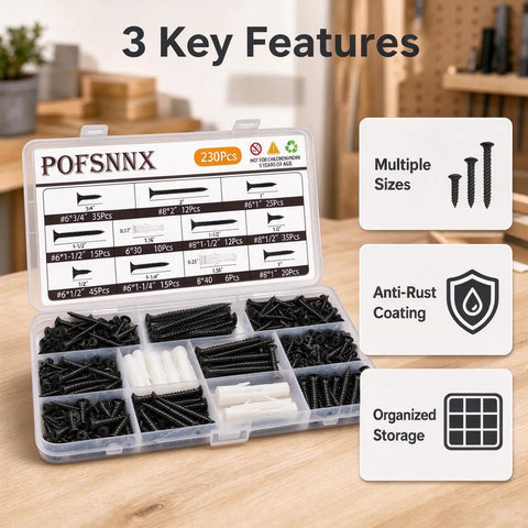 Beast Mode Wood Screw Assortment Kit With Plastic Anchors 230 Pieces size six and eight in organized storage box with diverse screw sizes.