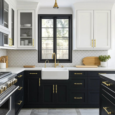 Modern kitchen featuring Heavy Duty Vintage Gold Cabinet Drawer Pulls Sweet Set Of 10 Handles With Antique Brass Finish.