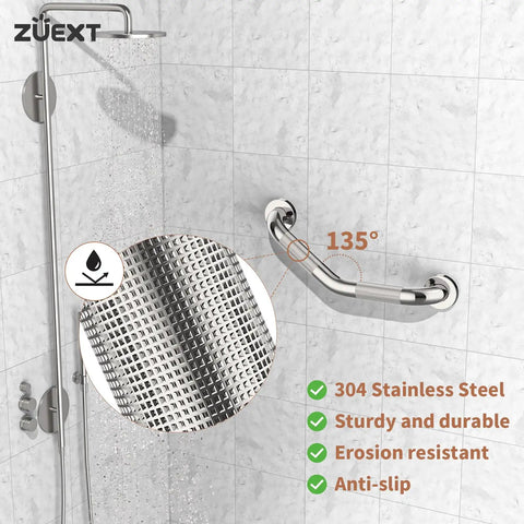 Rock Solid 16 Inch Angled Bathroom Shower Grab Bars Two Pack Heavy Duty Stainless Steel with knurled grip mounted in shower.