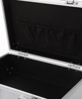 Badass Heavy Duty Aluminum Alloy Tool Box With Reinforced Carry Handle And Secure Latch System For Shop Ready Mechanics And Field Maintenance Portable Storage Case with open interior and black lining.