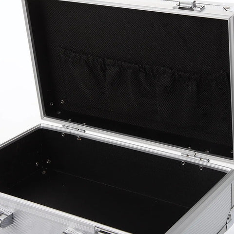 Badass Heavy Duty Aluminum Alloy Tool Box With Reinforced Carry Handle And Secure Latch System For Shop Ready Mechanics And Field Maintenance Portable Storage Case with open interior and black lining.