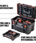 TradeStack 21 Inch Waterproof Tool Box With Lockable Stackable Design IP65 dust water resistant open with tools inside
