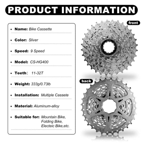 9 Speed Bike Cassette CS-HG400-9 11-32T Sprocket with product details and front and back view of cassette