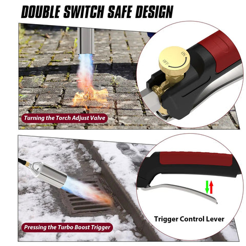 Heavy Duty Propane Weed Torch Kit With Turbo Trigger demonstrates high BTU flame control for weeding and melting snow on surfaces.