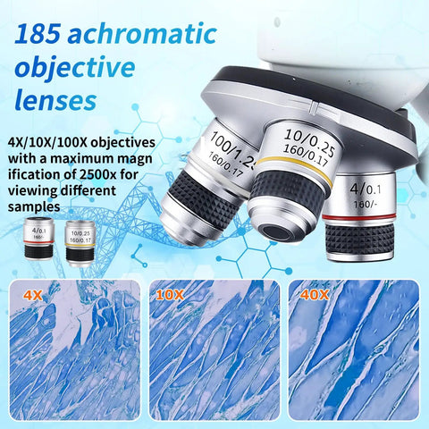 Close-up of Student Friendly Dual LED Microscope objective lenses, ideal for classroom and home labs with 40X-2500X magnification.