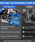 Comparison image showing a blue Koopool starter hose kit with spark plug sockets next to a similar grey kit.