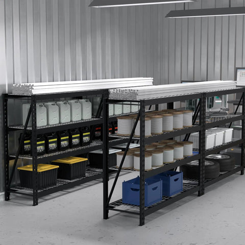 Straight Up Massive Garage Shelving Unit With An Actual 8000 LBS Weight Limit And Extra Wide Adjustable Four Tier Steel Racks Built Tough For Basement Gear Or Warehouse Hauling Black Storage Rack displaying tools and storage bins.
