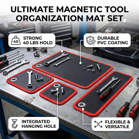 Flexible PVC Magnetic Tool Mat Set In Four Sizes 40 Lb Holding Force Non Slip Tool Tray Pads With Hanging Hole For Automotive Maintenance And Garage Workshops Keeps Screws And Wrenches From Rolling, mats on workbench