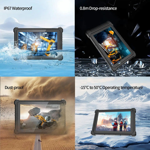Rock Solid 10.1 Inch Rugged Tablet With 2D Barcode Scanner And Windows 11 Pro showcasing waterproof, drop-resistant, and dust-proof features.