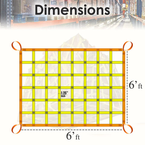 Heavy Duty Nylon Pallet Cargo Hoisting Net Six Foot Square Industrial Lifting Rig dimensions with mesh grid and loops.