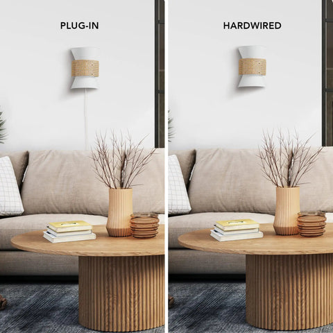 Two-Light Plug-In Or Hardwire Wall Sconce With Matte White Fabric Shade And Natural Rattan Accent above couch in living room