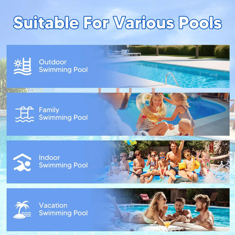 Image showcasing various pools: outdoor, family, indoor, and vacation settings for versatile enjoyment.