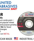 United Abrasives Type 27 grinding wheel for general purpose use on metal with long life, featuring aluminum oxide grain.