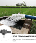 Drill Powered Transfer Pump For No Fuss Self Priming Water Oil Or Gasoline Flow Smooth Centrifugal Action dispensing water from a blue pipe.