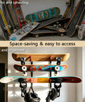 Heavy Duty Steel Skateboard Rack Wall Mount With Grippy Bottom Hook Slots For Triple Deck Longboard Snowboard And Ski Display, organized and neat storage solution.