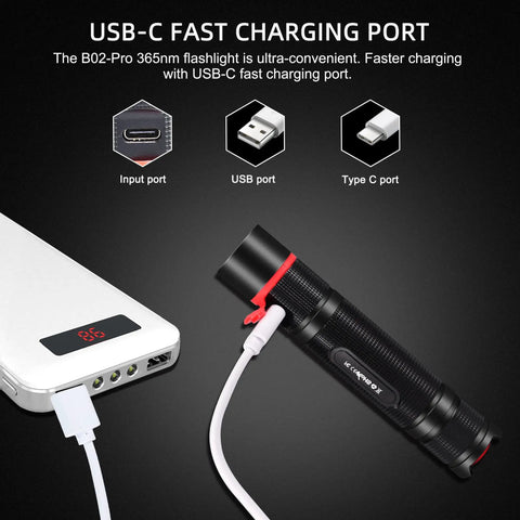UltraBright 365nm UV Flashlight Black Light Mini USB Rechargeable spotlight connected to power bank via USB-C port