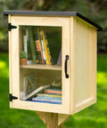 Outdoor Library Box For Book Exchange Rustic Wood Cabinet Sized 16x14x22 Inches with clear door and books inside