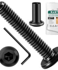 Badass 40 Piece Socket Head Cap Screw And Barrel Nut Kit Featuring Quarter Inch Thread By One And Half Inch Length Made From Tough 18 8 304 Stainless Steel With Black Oxide Finish For Solid Furniture Assembly Jobs That Mean Business showing a black socket head cap screw and barrel nut.