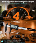 Rechargeable Digital Caliper with Large LCD Screen in mm conversion on wooden table with gears and jewelry accessories.