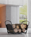 Foldable Fireplace Log Holder and Firewood Rack for Indoor Outdoor Use Heavy Duty Steel Construction by a fireplace