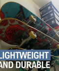 Heavy Duty Skateboard Wall Mount Rack Stores Three Longboards Street Decks And Accessories With Steel Frame and mounted with colorful decks.