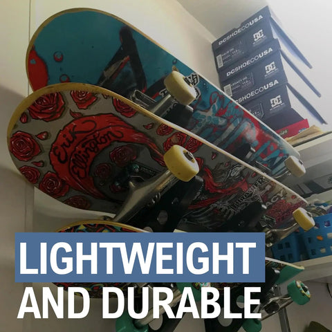Heavy Duty Skateboard Wall Mount Rack Stores Three Longboards Street Decks And Accessories With Steel Frame and mounted with colorful decks.