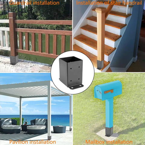 4x4 Post Base Bracket Set For Wood Posts 3.6x3.6 Inch Inner Size, Q235 Steel with Black Powder Coat installed in various structures