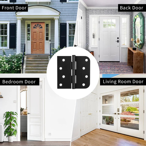 Badass Black Matte Iron Door Hinges Four Inch Square Corner Five Eighth Radius Removable Pin Design displayed on various doors.