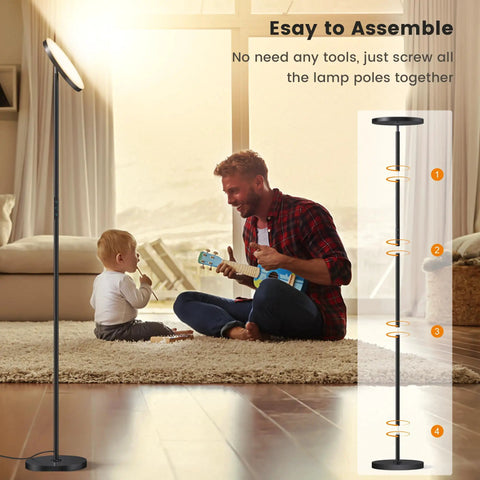 Game-Changing LED Floor Lamp With Remote Control next to father and child in living room, showing assembly steps diagram.