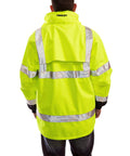 Back view of Worksite Ready High Visibility ANSI Class 3 Jacket With Phase 1 Black Fleece Liner Attached Hood 2X Fluorescent Yellow Green Black waterproof breathable shell with 2 inch reflective tape.