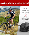 Cyclist riding mountain bike, image of coiled inner tube with 48mm Schrader valve. 27.5 Inch Bike Inner Tubes 2 Pack Fits Mountain And Hybrid Bikes From 2.0 To 2.6 Inch Tires With 48mm Schrader Valve And Durable Butyl Rubber Durable Air Tight Seal Ride Ready For All Day Adventures.