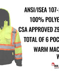 Hi Vis Bomber Workwear Jacket For Outdoorsmen, ANSI Class 3 High Visibility Neon Lime Waterproof With 2 Inch Reflective Taping