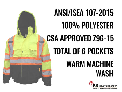 Hi Vis Bomber Workwear Jacket For Outdoorsmen, ANSI Class 3 High Visibility Neon Lime Waterproof With 2 Inch Reflective Taping