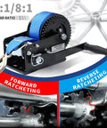 Close-up of Beefy Heavy Duty Hand Winch for Boat Trailers 3500 Lbs With 33 Ft Polyester Strap Two Way Ratchet Easy Crank Winch showing gear mechanism.