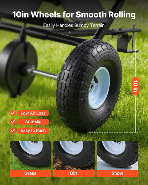 Tow Behind Lawn Spreader For Seed Fertilizer Ice Melt, 9.8 Foot Spreading Width, 85 Lb Hopper, 10 Inch All Terrain Tires, Adjustable Flow Control