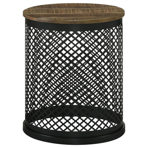 Premium Drum Base Accent Table Featuring A Perforated Quatrefoil Metal Lattice And Rich Mango Wood Top, side view.
