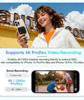 Woman holding iPhone with MagSafe Compatible 1TB Magnetic External SSD For iPhone And Mac, ultra fast 2000 MB/s transfer